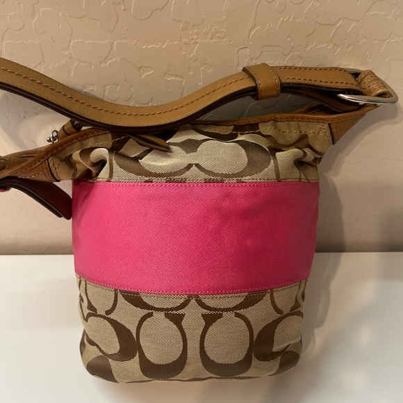 COACH pink brown signature buckle bucket shoulder bag F13862 EUC - Picture 7 of 13